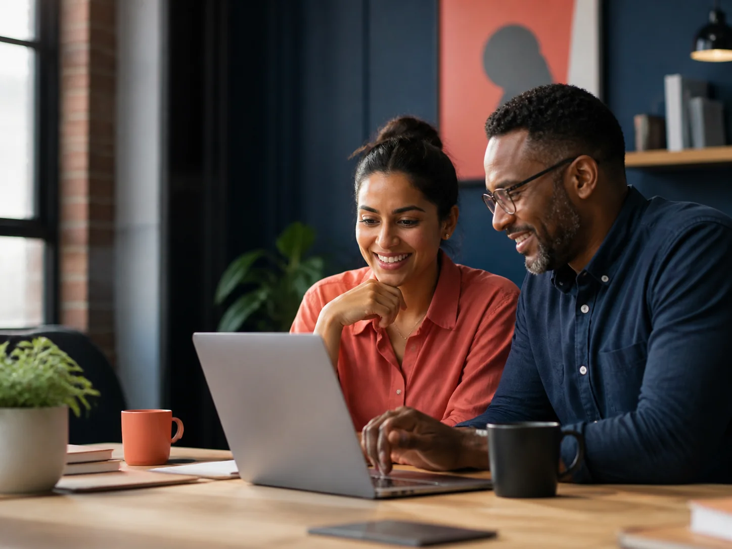 Two business partners reviewing their client workspace